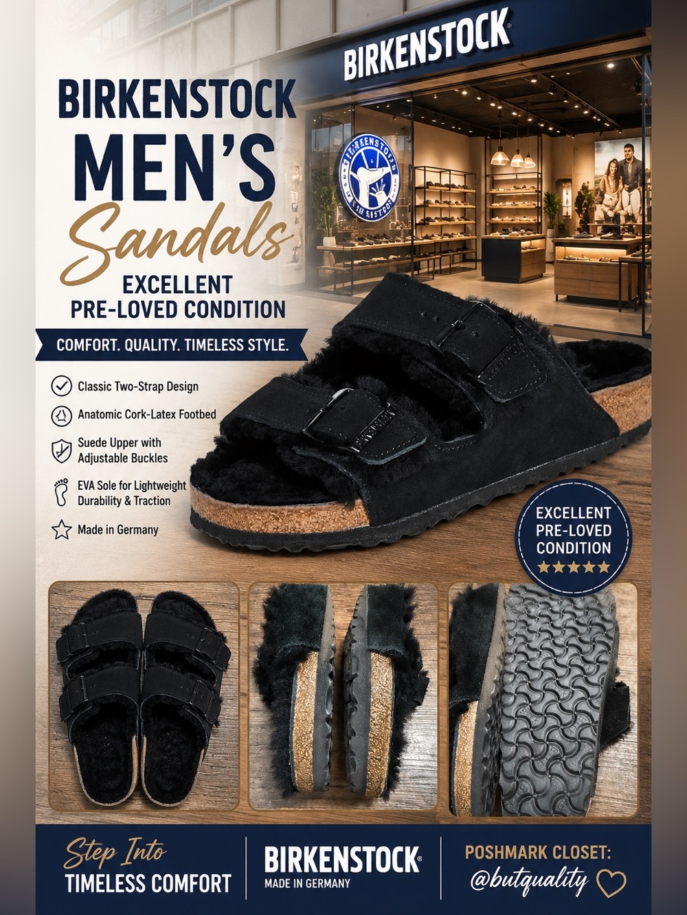 Birkenstock Black Faux-Shearling Slide with Branded Strap